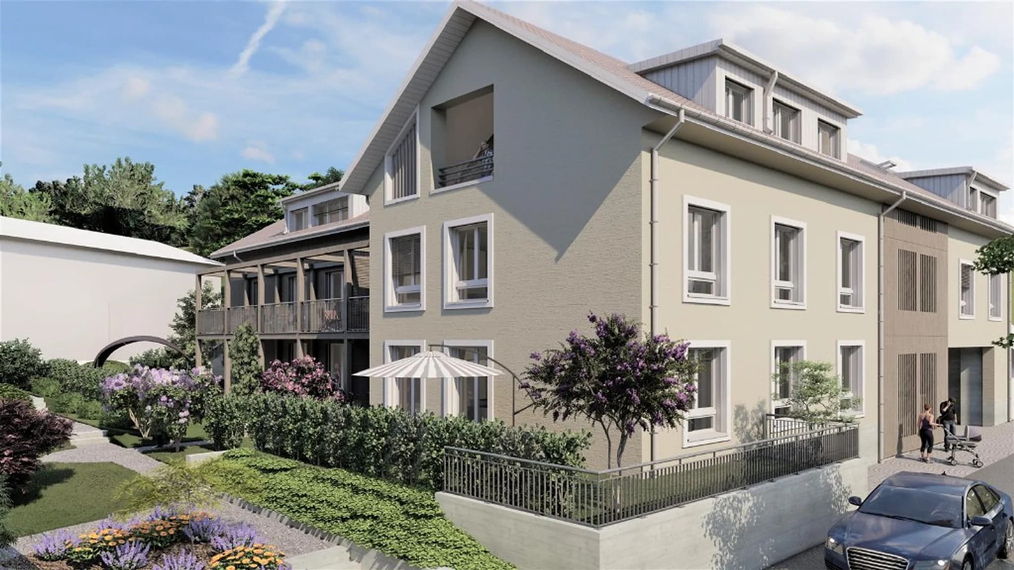 Visualisierung des Neubaus am Rebmattweg 1a in Villigen: verputzter Giebel mit Loggia, Lukarnen im Satteldach, Gartenwohnung und Terrassen