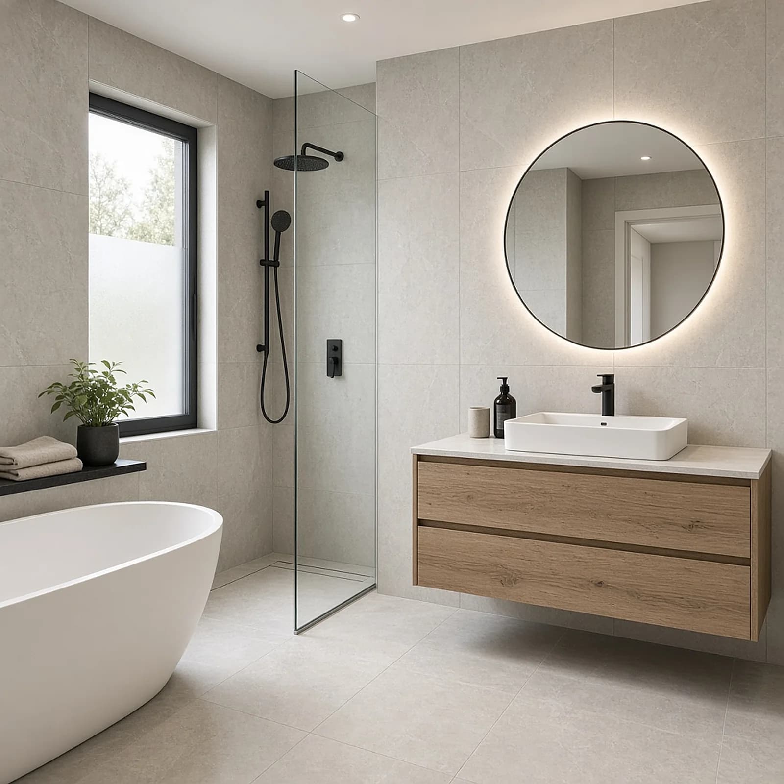 Visualisierung Badezimmer mit freistehender Wanne und grossformatigen Platten