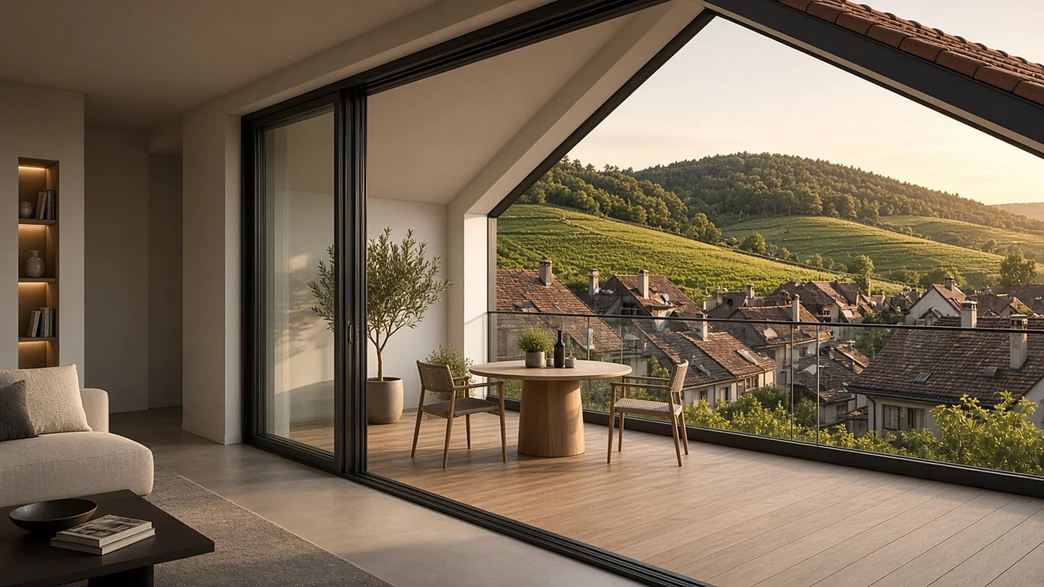 Visualisierung einer Loggia im Dachgeschoss mit Blick über die Dächer von Villigen